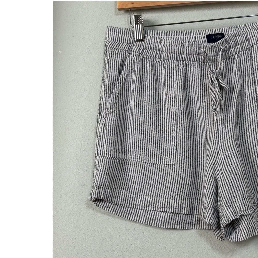 J. Crew Linen Blend Drawstring Striped Shorts Black White AX924 Size M Nautical